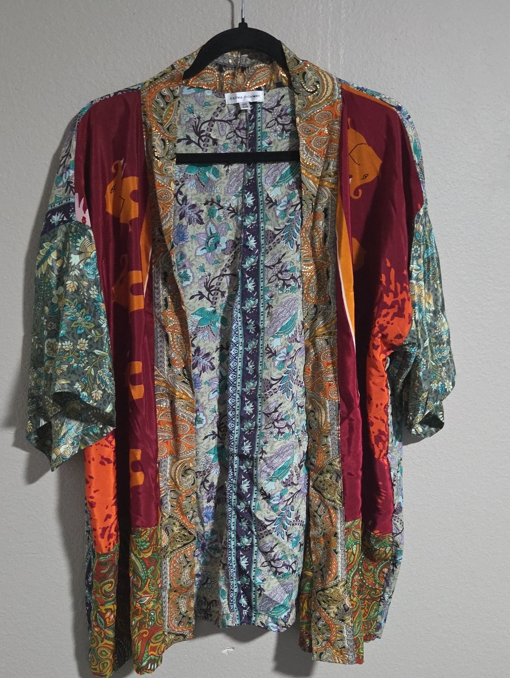 Mixed-Print Bohemian Patchwork Kimono in Burgundy, Teal & Orange
